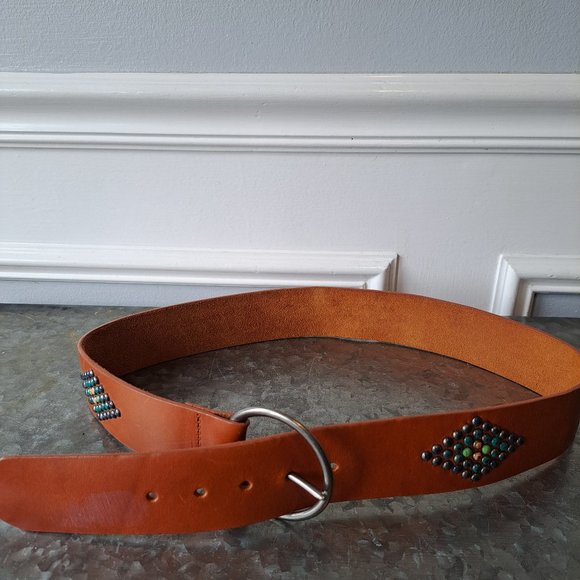 Brown Cognac Accessories - Women's Brown Cognac Jeans Dress Belt M/Large Silver Buckle Studded Leather Belt